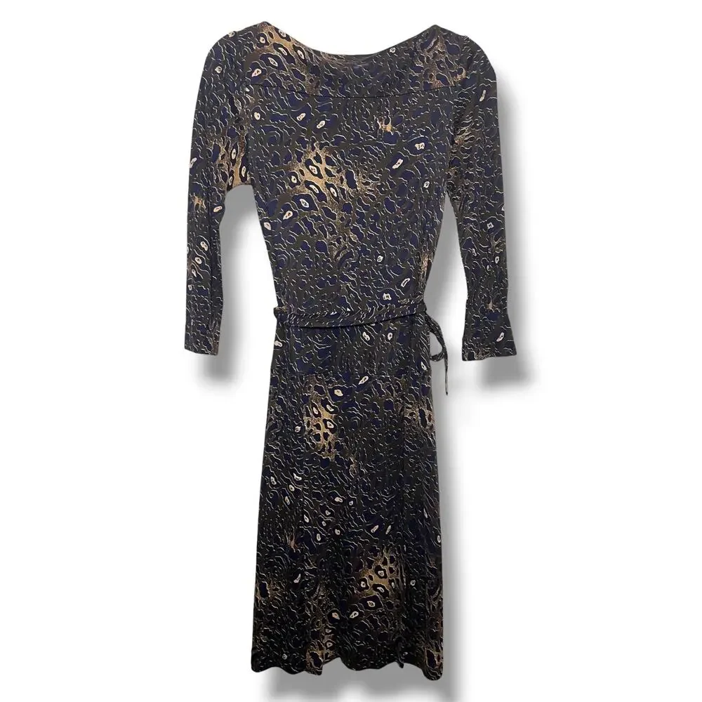 Tory Burch Denise Dress Blue Brown Abstract Leopard Print Pleated Midi XS
